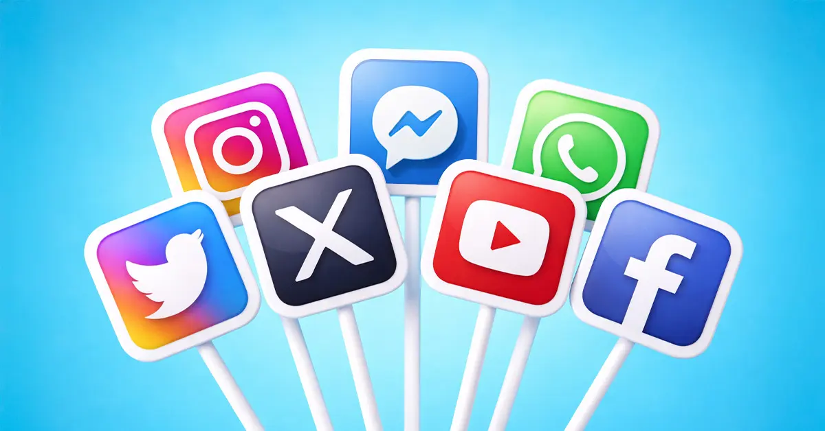 Ilustración digital con iconos de redes sociales y elementos de conectividad sobre un fondo degradado azul.