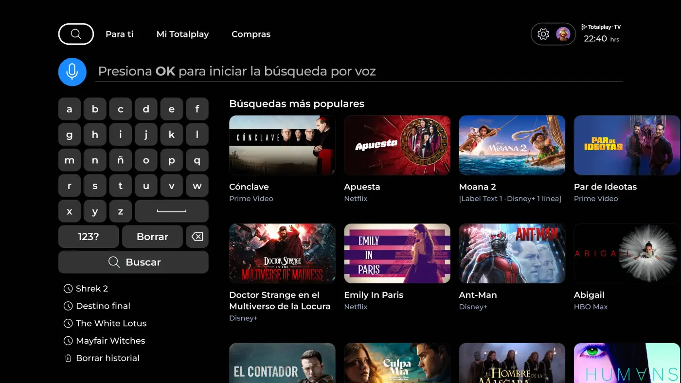 Captura de pantalla de la secci&oacute;n de b&uacute;squeda en la nueva interfaz de Totalplay TV