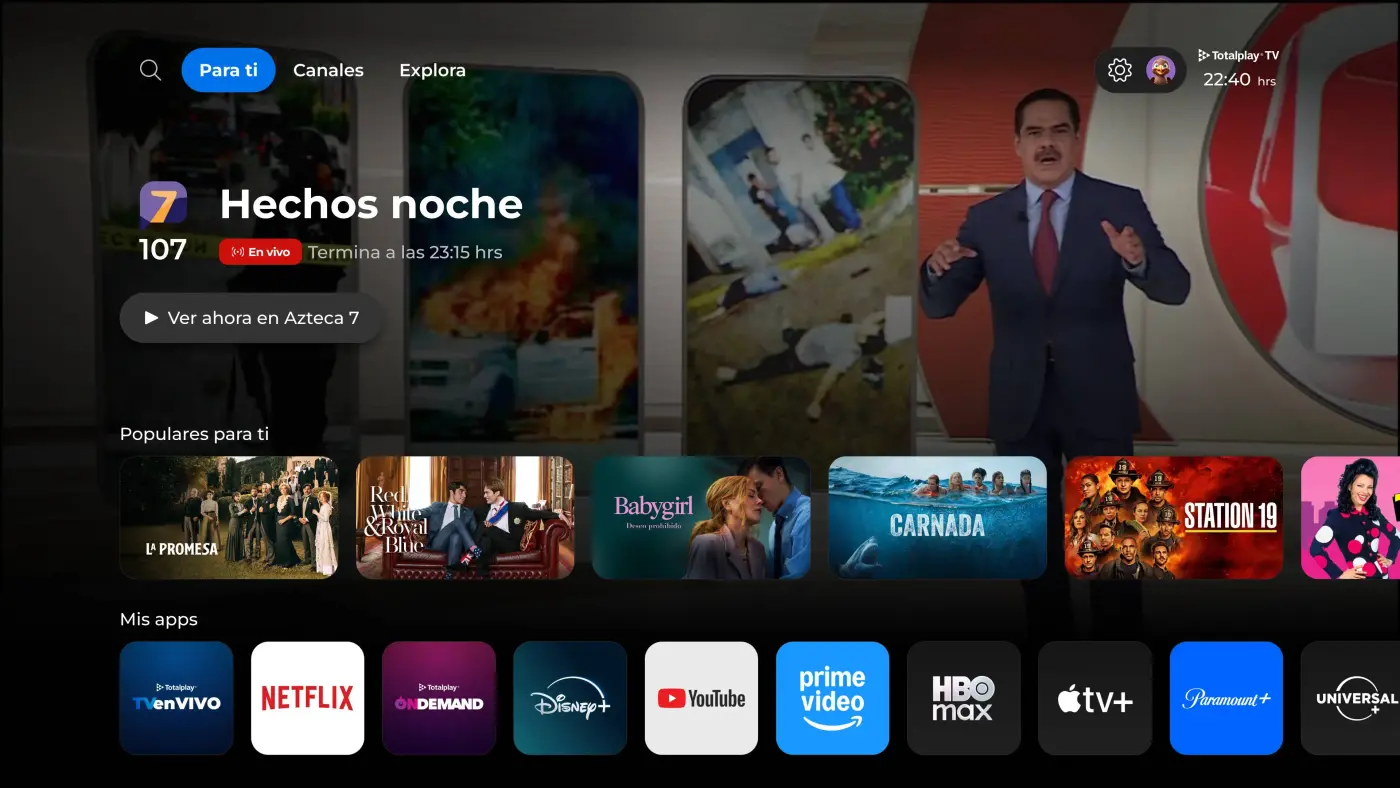 Captura de pantalla de la secci&oacute;n de TV en vivo de la nueva interfaz de Totalplay TV