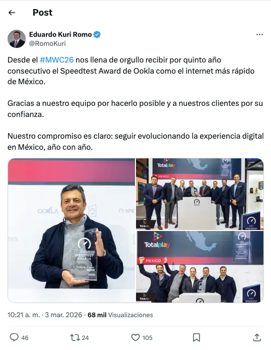 Publicaci&oacute;n de Eduardo Kuri sobre el Speedtest Award de Ookla para Totalplay en el MWC 2026