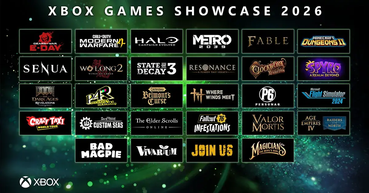 Cuadrícula de logotipos de juegos bajo el título Xbox Games Showcase 2026.