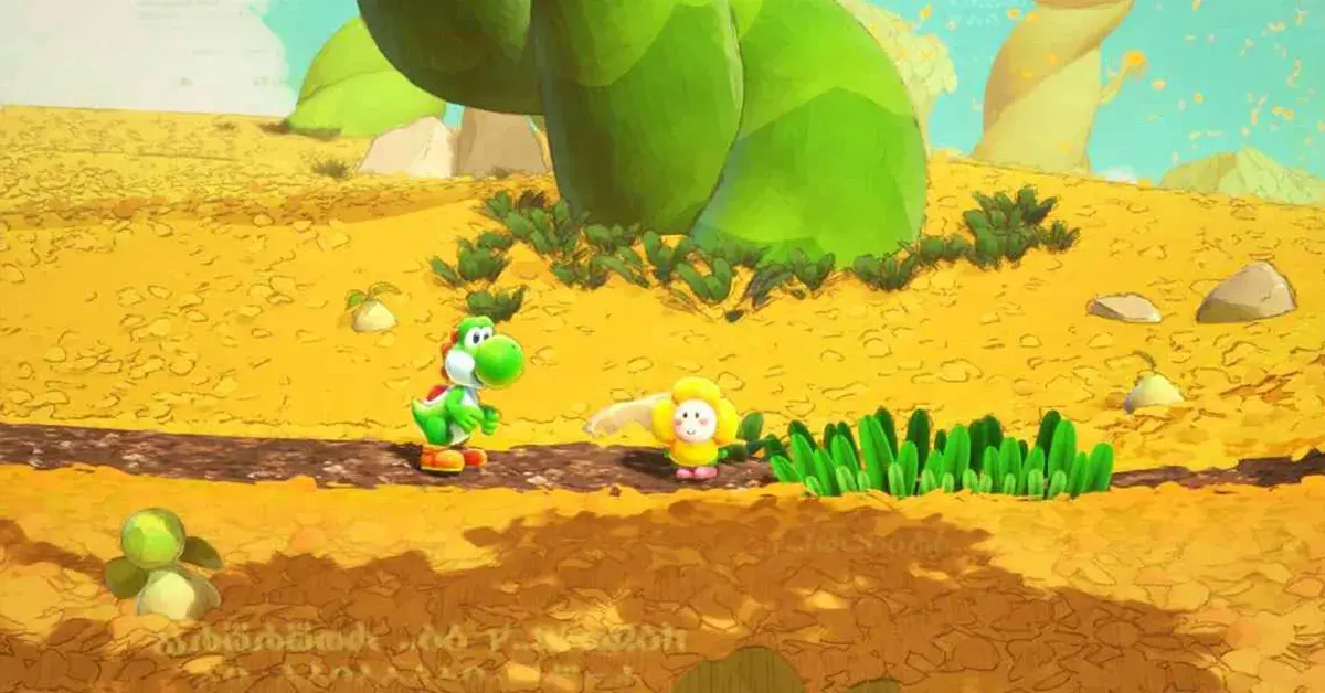 Yoshi camina junto a una criatura floral por un sendero amarillo.